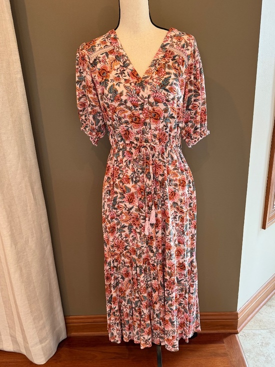 indigo Rose Dresses & Skirts - Indigo Rose Pink Floral Maxi Dress Button Down Tiered, V-neck, Size Medium